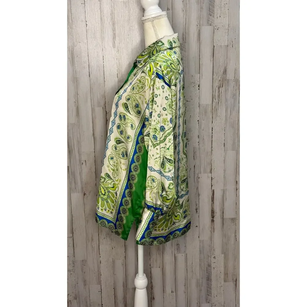 Zara Women's Paisley Print Button-Up Blouse Green Blue Size Small - Picture 6 of 6